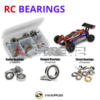Representative image of an RCScrewZ rubber-sealed bearing kit for DHK Hobby Wolf BL 1/10th Buggy; exact bearing sizes and quantities vary by RC model.