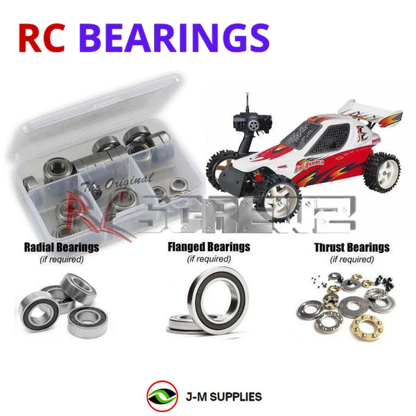 Representative image of an RCScrewZ rubber-sealed bearing kit for Duratrax Firehammer RTR 1/5th Buggy; exact bearing sizes and quantities vary by RC model.