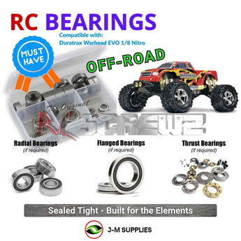 Representative image of an RCScrewZ rubber-sealed bearing kit for Duratrax Warhead EVO 1/8 Nitro; exact bearing sizes and quantities vary by RC model.