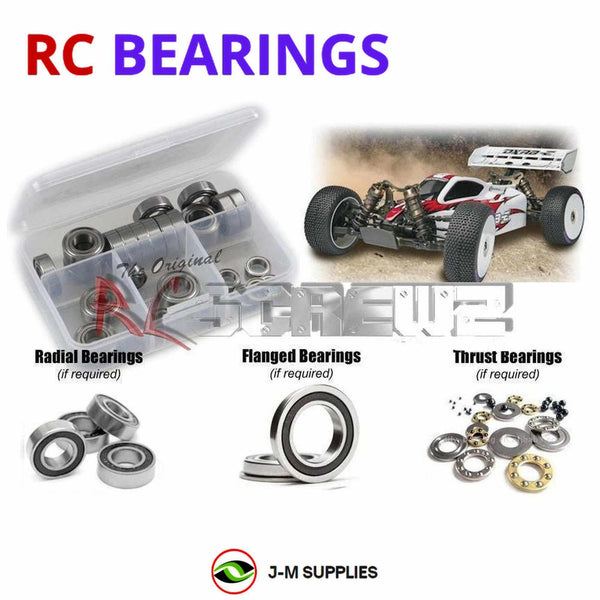 Representative image of an RCScrewZ rubber-sealed bearing kit for Duratrax DXR8-e RTR 1/8 Buggy; exact bearing sizes and quantities vary by RC model.