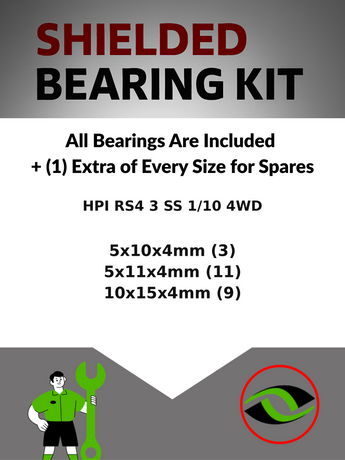 Representative image of an RCScrewZ rubber-sealed bearing kit for HPI Racing RS4 3 SS 1/10 Nitro 4WD Touring Car (443, 444); exact bearing sizes and quantities vary by RC model.