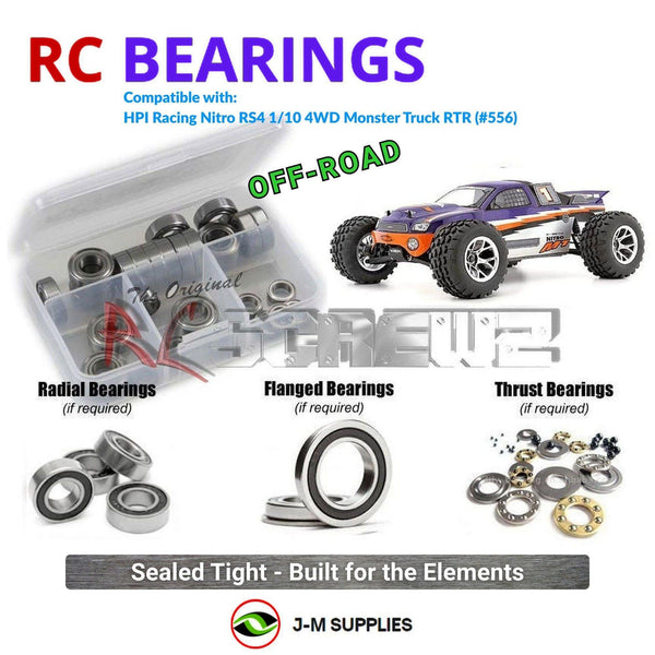 Representative image of an RCScrewZ rubber-sealed bearing kit for HPI Racing Nitro RS4 MT 1/10 Nitro 4WD Monster (552, 553); exact bearing sizes and quantities vary by RC model.