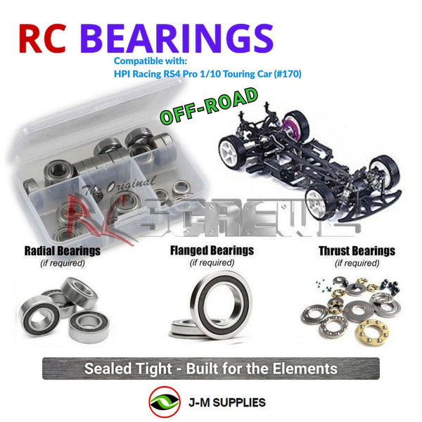 Representative image of an RCScrewZ rubber-sealed bearing kit for HPI Racing RS4 Pro 1/10 Electric 4WD Touring Car (170); exact bearing sizes and quantities vary by RC model.