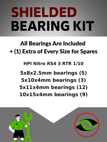 Representative image of an RCScrewZ rubber-sealed bearing kit for HPI Racing Nitro RS4 3 RTR 1/10 4WD Rally Car (510, HPI510); exact bearing sizes and quantities vary by RC model.