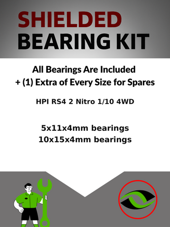 Representative image of an RCScrewZ rubber-sealed bearing kit for HPI Racing RS4 2 Nitro 1/10 4WD Touring (411, 412, 413); exact bearing sizes and quantities vary by RC model.