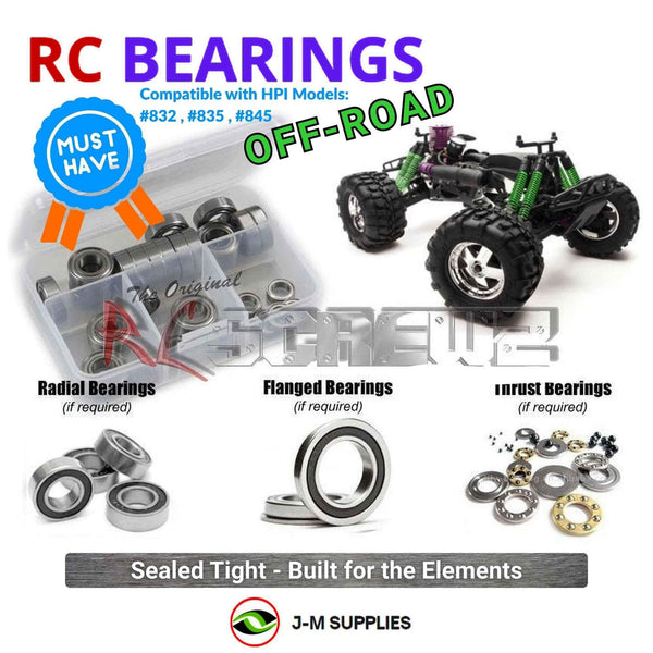 Representative image of an RCScrewZ rubber-sealed bearing kit for HPI Racing Savage SS 25 RTR 1/8 Nitro 4WD Monster (832, 835); exact bearing sizes and quantities vary by RC model.