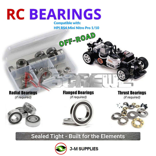 Representative image of an RCScrewZ rubber-sealed bearing kit for HPI Racing RS4 Mini Nitro Pro 1/10 Rally/Touring Car; exact bearing sizes and quantities vary by RC model.