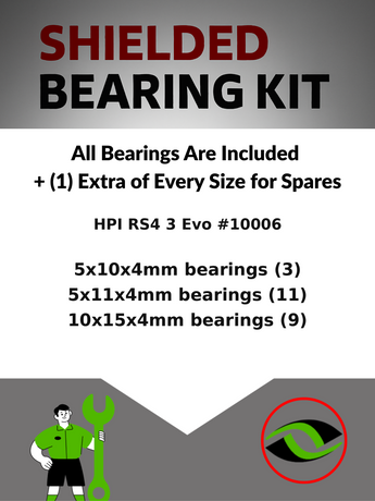 Representative image of an RCScrewZ rubber-sealed bearing kit for HPI Racing Nitro RS4 3 Evo RTR 1/10 4WD Touring Car (10006); exact bearing sizes and quantities vary by RC model.