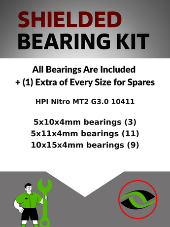 Representative image of an RCScrewZ rubber-sealed bearing kit for HPI Nitro MT2 G3.0 1/10 Nitro 4WD Truck (10411, HPI10411); exact bearing sizes and quantities vary by RC model.