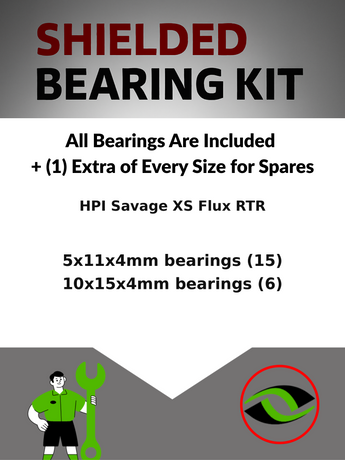 Representative image of an RCScrewZ rubber-sealed bearing kit for HPI Savage XS Flux RTR 4WD Mini Monster Truck (106571, HPI106571); exact bearing sizes and quantities vary by RC model.