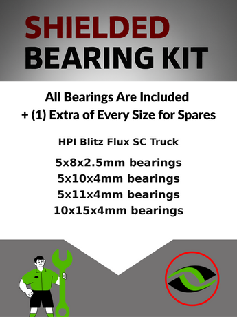 Representative image of an RCScrewZ rubber-sealed bearing kit for HPI Blitz Flux 1/10 Electric 2WD Short Course Truck (109325); exact bearing sizes and quantities vary by RC model.
