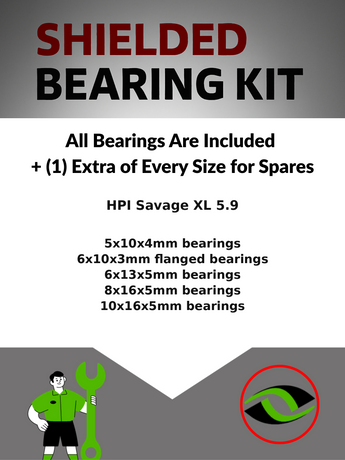 Representative image of an RCScrewZ rubber-sealed bearing kit for HPI Savage XL 5.9 1/8 Nitro 4WD MT (112601, HPI112601); exact bearing sizes and quantities vary by RC model.