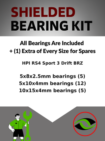 Representative image of an RCScrewZ rubber-sealed bearing kit for HPI RS4 Sport 3 Drift BRZ 1/10 Electric 4WD Drift Car (114356); exact bearing sizes and quantities vary by RC model.