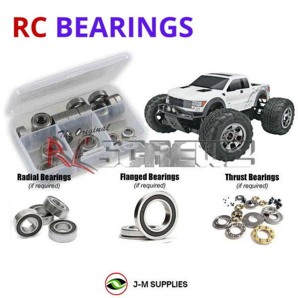 Representative image of an RCScrewZ rubber-sealed bearing kit for HPI Savage XS Flux Ford F-150 SVT Raptor 1/12 Elec 4WD (115125); exact bearing sizes and quantities vary by RC model.