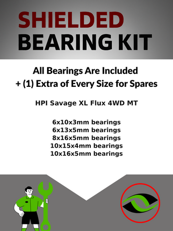 Representative image of an RCScrewZ rubber-sealed bearing kit for HPI Savage XL Flux 1/8 Electric 4WD Monster Truck (112609); exact bearing sizes and quantities vary by RC model.