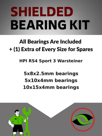 Representative image of an RCScrewZ rubber-sealed bearing kit for HPI RS4 Sport 3 Warsteiner BMW M3 E30 1/10 Electric 4WD (120103); exact bearing sizes and quantities vary by RC model.