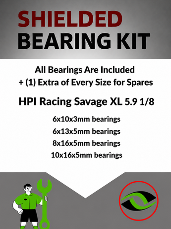 Representative image of an RCScrewZ rubber-sealed bearing kit for HPI Savage XL 5.9 GTXL-6 1/8 Nitro 4WD Monster Truck (160102); exact bearing sizes and quantities vary by RC model.