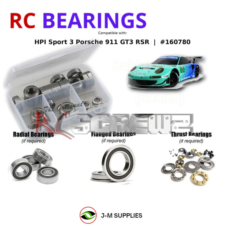 Representative image of an RCScrewZ rubber-sealed bearing kit for HPI Sport 3 Porsche 911 GT3 RSR Falken 1/10 (160780, 160781); exact bearing sizes and quantities vary by RC model.