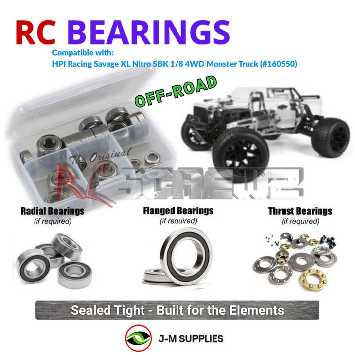 Representative image of an RCScrewZ rubber-sealed bearing kit for HPI Savage XL Nitro SBK 1/8 4WD Monster Truck (160550, HPI160550); exact bearing sizes and quantities vary by RC model.