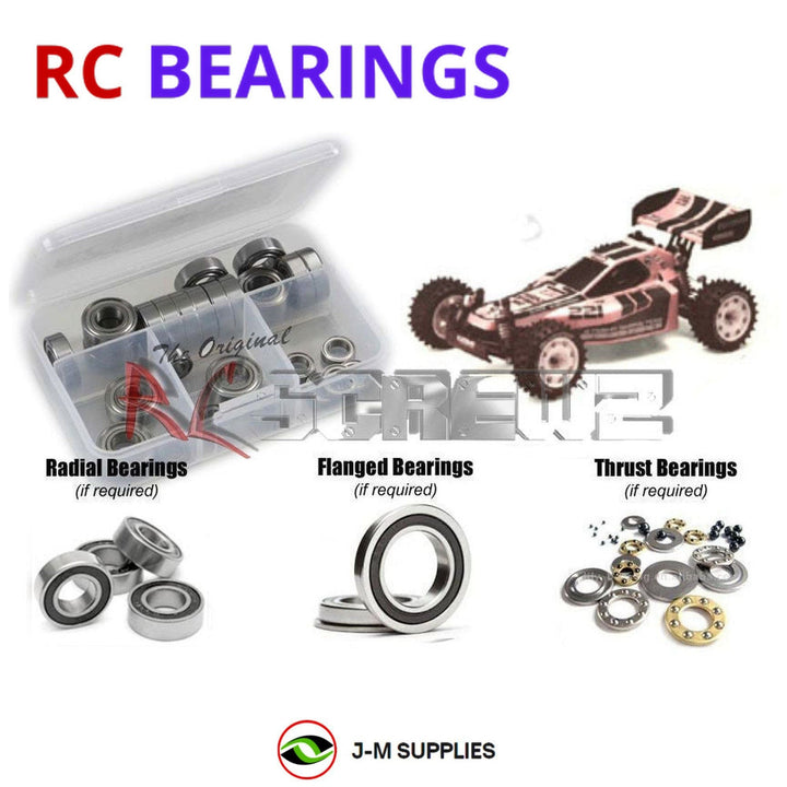 Representative image of an RCScrewZ rubber-sealed bearing kit for Kyosho Turbo Optima Mid 1/10 Electric 4WD Buggy (3136); exact bearing sizes and quantities vary by RC model.