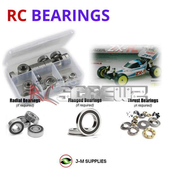 Representative image of an RCScrewZ rubber-sealed bearing kit for Kyosho Lazer ZX-R 1/10 Electric 4WD Buggy (3147); exact bearing sizes and quantities vary by RC model.