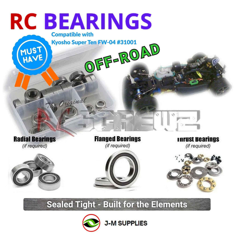 Representative image of an RCScrewZ rubber-sealed bearing kit for Kyosho SuperTen FW-04 1/10 Nitro 4WD Touring Car (31001); exact bearing sizes and quantities vary by RC model.
