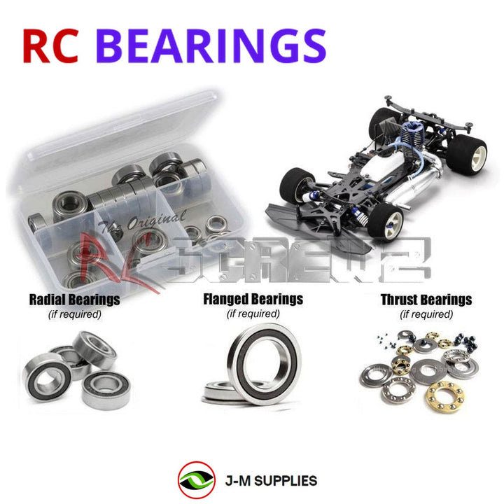 Representative image of an RCScrewZ rubber-sealed bearing kit for Kyosho Evolva 2003 1/8 Nitro 4WD Racing Car (31283); exact bearing sizes and quantities vary by RC model.