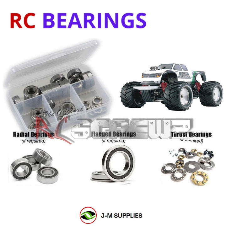 Representative image of an RCScrewZ rubber-sealed bearing kit for Kyosho Giga Crusher 1/8 Nitro 4WD Monster Truck (31141); exact bearing sizes and quantities vary by RC model.