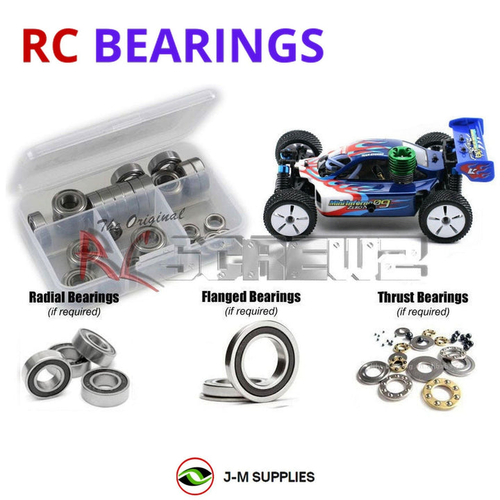 Representative image of an RCScrewZ rubber-sealed bearing kit for Kyosho Mini Inferno 09 Nitro 1/16th Off-road Buggy (#31311); exact bearing sizes and quantities vary by RC model.