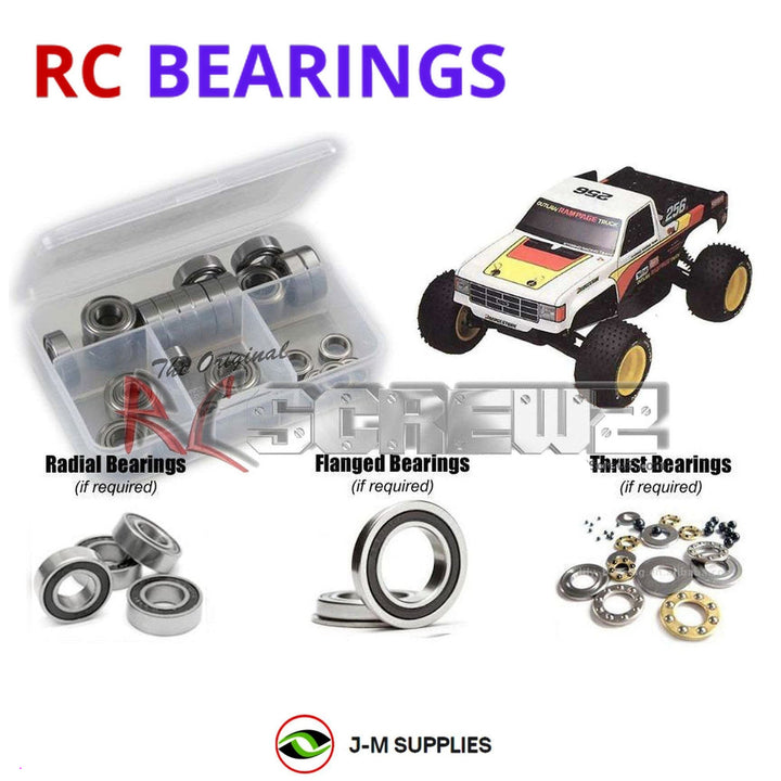 Representative image of an RCScrewZ rubber-sealed bearing kit for Kyosho Outlaw Rampage 1/10 Nitro 2WD Trophy Truck (3073); exact bearing sizes and quantities vary by RC model.