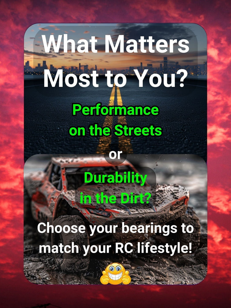 Infographic: 'What Matters Most to You? Performance on the Streets or Durability in the Dirt?' – Guides on selecting bearings to match your RC lifestyle, highlighting the importance of choosing based on whether your focus is speed on paved roads or resilience in off-road conditions - kyo209r