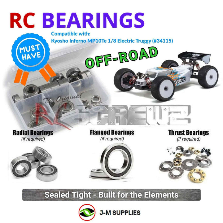 Representative image of an RCScrewZ rubber-sealed bearing kit for Kyosho Inferno MP10Te 1/8 Electric 4WD Truggy (34115); exact bearing sizes and quantities vary by RC model.