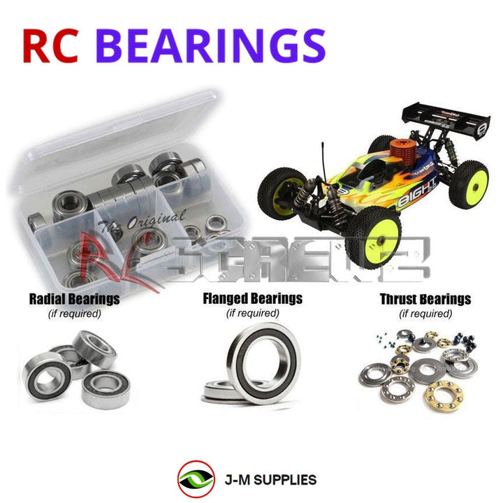 Representative image of an RCScrewZ rubber-sealed bearing kit for Losi 8IGHT 2.0 RTR 1/8 Nitro 4WD Buggy (LOSB0084); exact bearing sizes and quantities vary by RC model.