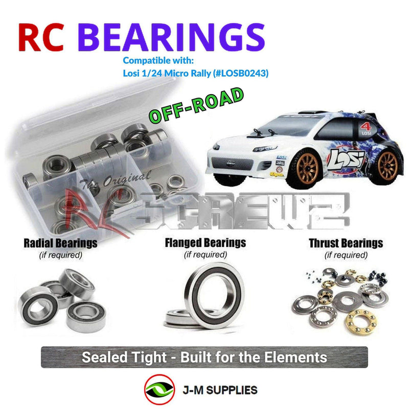 Representative image of an RCScrewZ rubber-sealed bearing kit for Losi Micro Rally 1/24 Electric 4WD Rally (LOSB0243); exact bearing sizes and quantities vary by RC model.