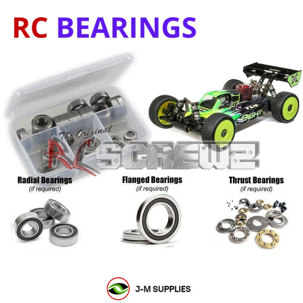 Representative image of an RCScrewZ rubber-sealed bearing kit for Losi TLR 8IGHT-X 1/8 Nitro 4WD Buggy (TLR04007); exact bearing sizes and quantities vary by RC model.