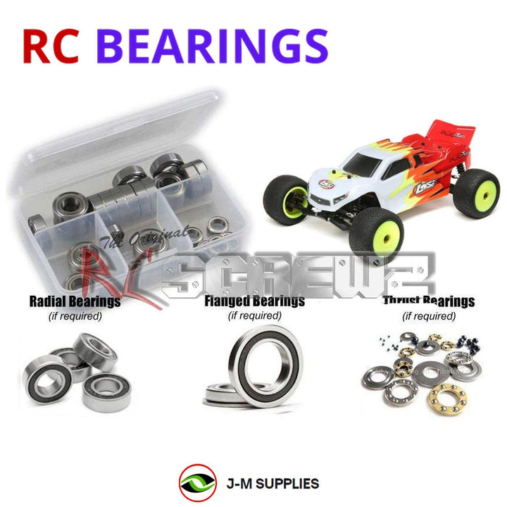 Representative image of an RCScrewZ rubber-sealed bearing kit for Losi Mini-T 2.0 1/18 Electric 2WD Stadium Truck (LOS01015); exact bearing sizes and quantities vary by RC model.