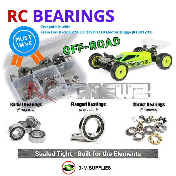 Representative image of an RCScrewZ rubber-sealed bearing kit for Losi TLR 22X DC 1/10 Electric 2WD Buggy (TLR-1233); exact bearing sizes and quantities vary by RC model.
