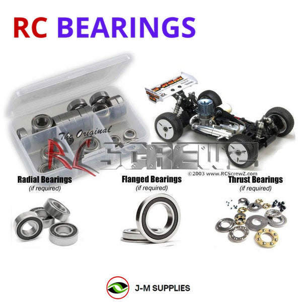 Representative image of an RCScrewZ rubber-sealed bearing kit for Mugen Seiki MBX-6/R 1/8th; exact bearing sizes and quantities vary by RC model.