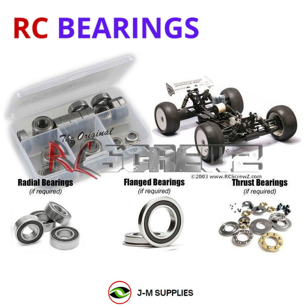 Representative image of an RCScrewZ rubber-sealed bearing kit for Mugen Seiki MBX-6T 1/8th; exact bearing sizes and quantities vary by RC model.