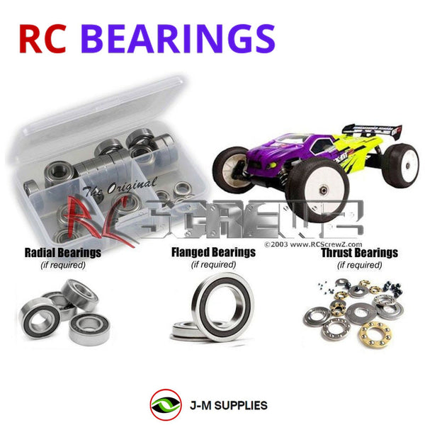 Representative image of an RCScrewZ rubber-sealed bearing kit for Mugen Seiki MBX-6TR 1/8th E0087; exact bearing sizes and quantities vary by RC model.