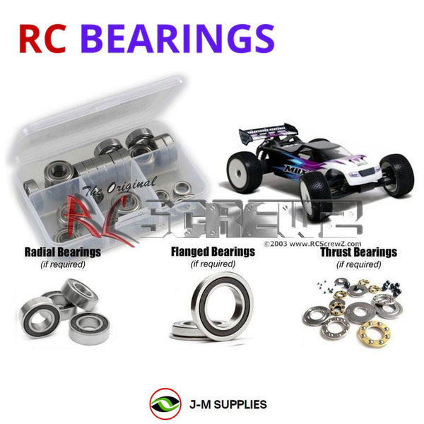 Representative image of an RCScrewZ rubber-sealed bearing kit for Mugen Seiki MBX6-T Eco #E0075; exact bearing sizes and quantities vary by RC model.