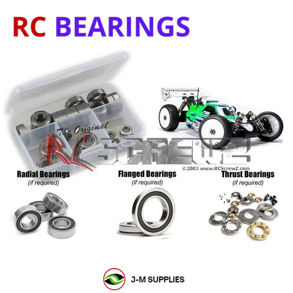 Representative image of an RCScrewZ rubber-sealed bearing kit for Mugen Seiki MBX7-E 1/8th #E2010; exact bearing sizes and quantities vary by RC model.