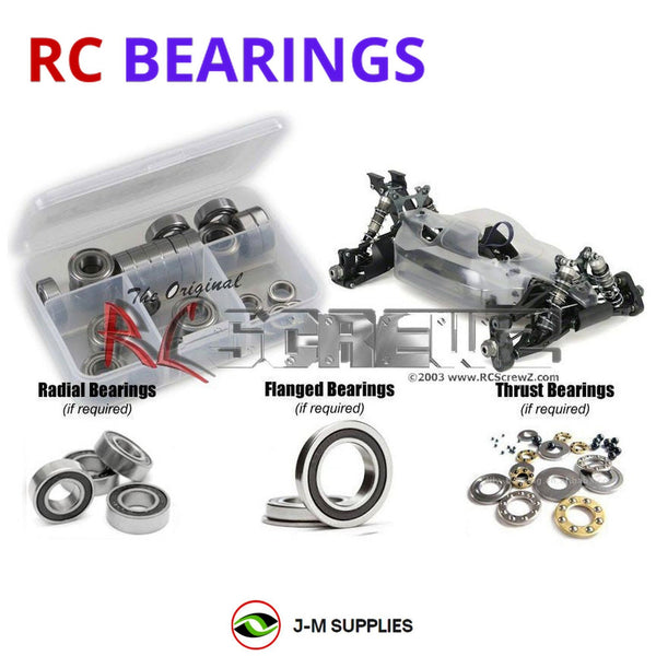 Representative image of an RCScrewZ rubber-sealed bearing kit for Mugen Seiki MBX-7 M-Spec #E2011; exact bearing sizes and quantities vary by RC model.