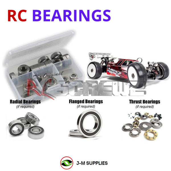 Representative image of an RCScrewZ rubber-sealed bearing kit for Mugen Seiki MBX-7R 1/8 Nitro Buggy (#E2015); exact bearing sizes and quantities vary by RC model.