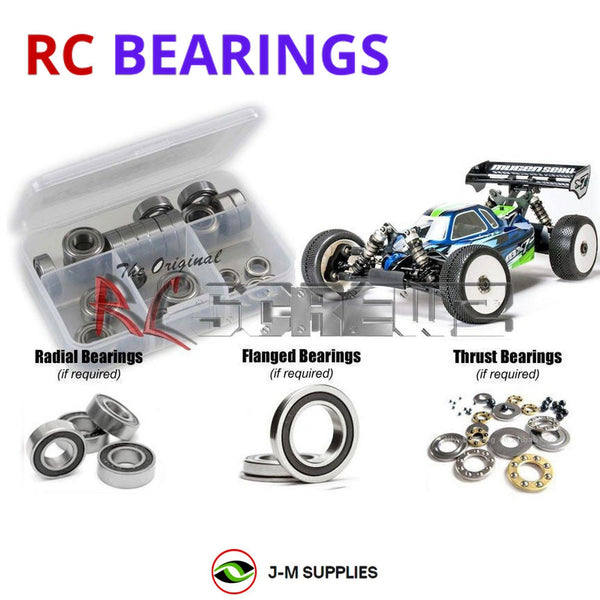 Representative image of an RCScrewZ rubber-sealed bearing kit for Mugen Seiki MBX7R ECO #E2016; exact bearing sizes and quantities vary by RC model.
