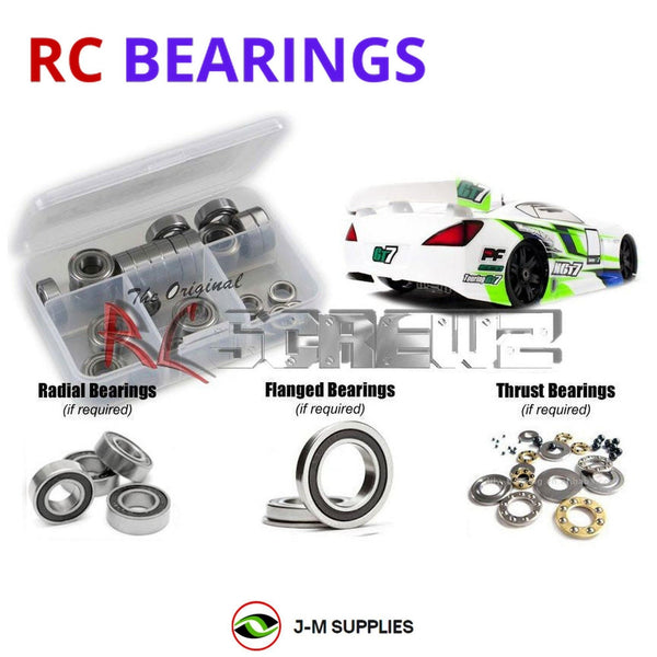 Representative image of an RCScrewZ rubber-sealed bearing kit for Mugen Seiki MGT7 ECO #E2018; exact bearing sizes and quantities vary by RC model.