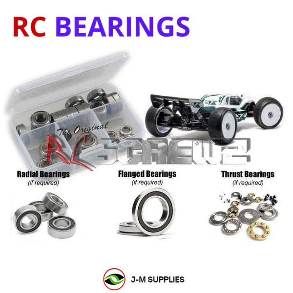 Representative image of an RCScrewZ rubber-sealed bearing kit for Mugen Seiki MGT7TR Eco #E2020; exact bearing sizes and quantities vary by RC model.