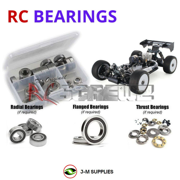 Representative image of an RCScrewZ rubber-sealed bearing kit for Mugen Seiki MBX8R Nitro #E2027; exact bearing sizes and quantities vary by RC model.