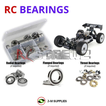 Representative image of an RCScrewZ rubber-sealed bearing kit for Mugen Seiki MBX8R Nitro #E2027; exact bearing sizes and quantities vary by RC model.