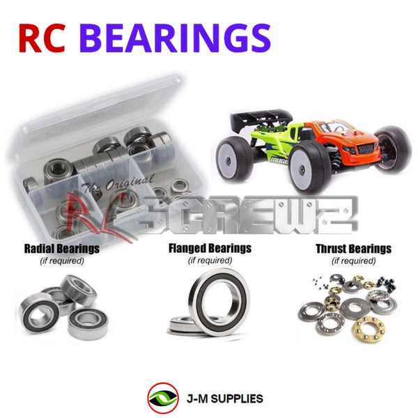 Representative image of an RCScrewZ rubber-sealed bearing kit for Mugen Seiki MRX8T Nitro #E2023; exact bearing sizes and quantities vary by RC model.